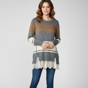 LOGO Lori Goldstein Gray Brown Cream Stripe Sweater Lace Trim Tunic